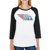Seek & Travel USA Womens Black Baseball Tee 3/4 Sleeve Round Neck