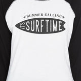 Summer Calling It's Surf Time Womens Black And White Baseball Shirt
