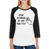 Stop Staring At My Boo-Tee Ghost Womens Black And White BaseBall Shirt