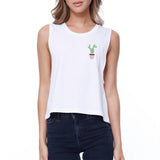 Cactus Pocket Crop Tee White Tank Top Cute Back To School Tanks