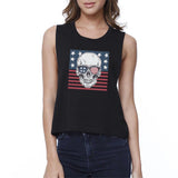 Skull American Flag Womens Black Crop Top Crewneck Line Cotton Tee