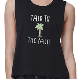 Talk To The Palm Womens Black Sleeveless Tropical Design Crop Top