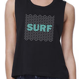 Surf Waves Womens Black Sleeveless Crop Shirt Gifts For Surf Lovers