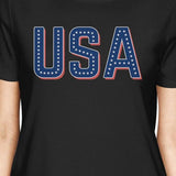 USA With Stars Womens Black Cotton Tee Unique Independence Day Top