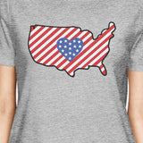 USA Map American Flag Womens Grey Cute 4th Of July Round Neck Tee