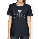Smile Palm Tree Womens Navy Cotton Round Neck Tee Outfit For Summer