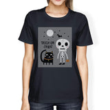 Trick-Or-Treat Skeleton Black Cat Womens Navy Shirt