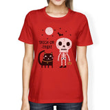 Trick-Or-Treat Skeleton Black Cat Womens Red Shirt