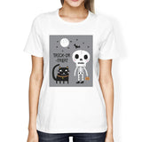 Trick-Or-Treat Skeleton Black Cat Womens White Shirt