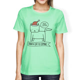 Meowy Catmas Santa Cat Is Coming Womens Mint Shirt