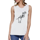 Hand Holding Flower White Muscle Tee Trendy Design Crewneck Style