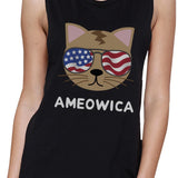 Ameowica Womens Black Graphic Muscle Top Cute Cate Design Tanks