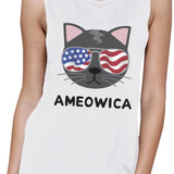 Ameowica Womens White 4th Of July Muscle Tank Top For Cat Lovers