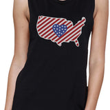 USA Map With Heart Shape American Flag Graphic Muscle Tee For Women