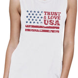 Trust & Love USA Womens White Muscle Tanks Round Neck Line Cotton