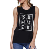 Summer Geometric Lettering Womens Black Crewneck Cotton Tank Top