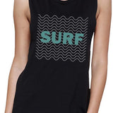 Surf Waves Womens Black Unique Funny Muscle Top For Ocean Lovers