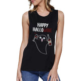 Happy Hallowine Ghost Wine Womens Black Muscle Top