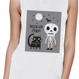Trick-Or-Treat Skeleton Black Cat Womens White Muscle Top