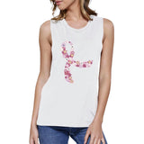 Pink Floral Ribbon Womens White Muscle Top