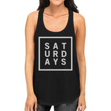 Saturdays Womens Sleeveless Black Tank Top Typography Trendy Tops