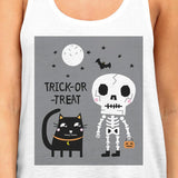 Trick-Or-Treat Skeleton Black Cat Womens White Tank Top