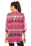 Women's 3/4 Three Quarter Sleeve Printed Chiffon Button Top