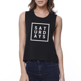 Saturdays Womens Black Sleeveless Crop Top Trendy Typography Shirt